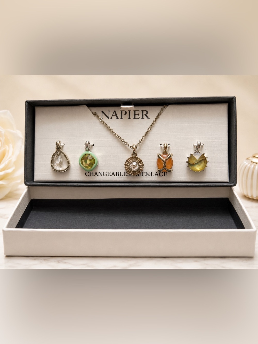 Napier Gold-Tone Changeable Pendant Necklace with Multicolor Charms
